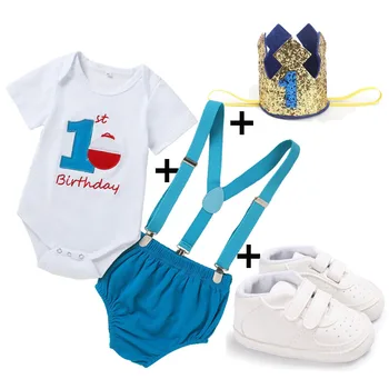 Дрехи За малките момчета Първата Ми Облекло За рожден Ден Торта за Новородено и на Анцуг, къси Панталони на Подтяжках Бебе на 1 Година Фотография