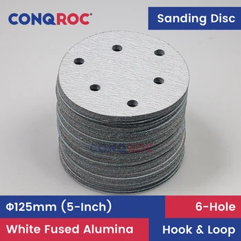 100 Броя 125 мм (5 инча) 6-луночных шлифовъчни дискове от бял разтопен алуминий Суха опесъчаване хартия Размер на куката и панти 60 ~ 1000