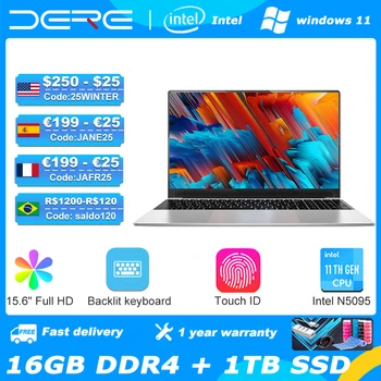 Лаптоп Dere R9 Pro 15,6-инчов 16 GB оперативна памет, 1 TB SSD Intel Celeron N5095 двойна лента WiFi Бизнес-офис компютър Window 10 Бележника