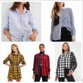 Испанската дизайнерска дамска риза в клетка в ивицата, свободна ежедневни модерна риза с принтом, с ревера и дълъг ръкав, пролетно-есенни нови продукти