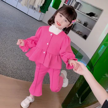 Детски дрехи Корея 2022 Пролет Есен Нов Комплект Едноцветни Расклешенных Панталони За Момичета, Ежедневни Памук Сладък Модерен Комплект Дрехи За момичета