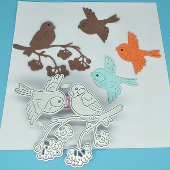 Форма за рязане на метал за 2 малки птици и клонки, изработване на картички за албуми, перлено бял фон, албум за снимки на животни с природа