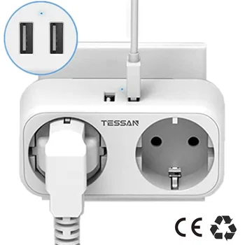 Електрически Контакт TESSAN EU Power Strip с 2 Розетки ac 2 USB Порта, Преносима Европейската Вилица, Монтиране на Зарядно Устройство, Адаптер за Домашно Пътуване