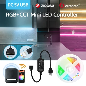 Zigbee Light DC5V Mini RGBCCT Интелигентен контролер led лента, съвместима с приложението на Hristo SmartThings / Amazon Echo Плюс Гласов контрол