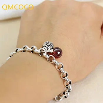 QMCOCO Сребърен Цвят Модерен Ретро Малък Кръг Камбанка, Гривна С Червени камъни За Жени, Бижута За Рожден Ден, Подаръци