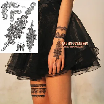1 лист Модни черна временна арабска татуировка дантела татуировка с къна стикер колие пеперуда фалшива татуировка бяла светкавица нов 2018 J014B