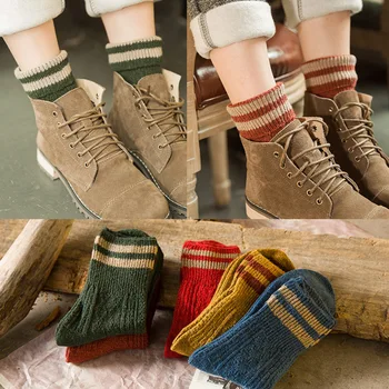 Нови Дамски Дебели Чорапи от домакинството е заек на Вълна Есенно-Зимни Топли Чорапи на Райета в японски Стил за Жени 233