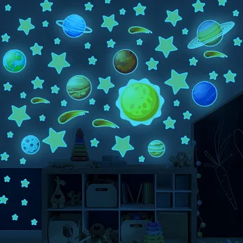 Синя Светлина Светят Слънчеви Звезда Стикери За Стена Светят В Тъмното Вселени Стикери За Стена За Домашен Интериор Дневна Детска Спалня Таван