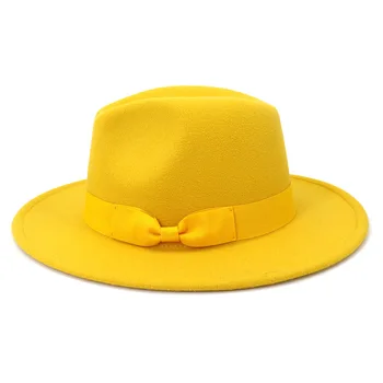жълт фетровая шапка с широка периферия и лък, Панама, фетровая шапка, джаз шапка, горната църковна шапка, британски женски филц шапки за мъже шапка с жените