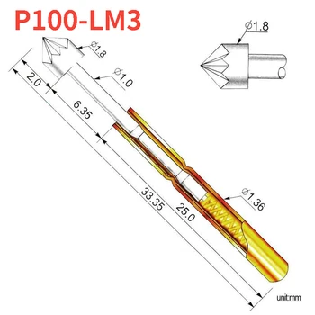 100 бр./опаковане. P100-LM3 Корончатая корона 1,8 мм Пружинен тест сонда с обща дължина от 33,35 мм за проверка на печатна платка