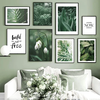 Зелени Листа на Бели Цветя, Свежи, Вдъхновяващи Плакати на Скандинавскую тема и Щампи Стенно Изкуство Платно на Картина За вашия интериор Дневна