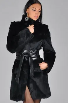 Главата на марката Черно Дамско Палто От Изкуствена Кожа Заек високо качество