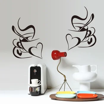 PVC Стикер на стената на чашата за кафе с шарките на сърцето Хол Кухня и Кафене Тапети Прозорец Мебели Плакати Коледен Коледен Декор