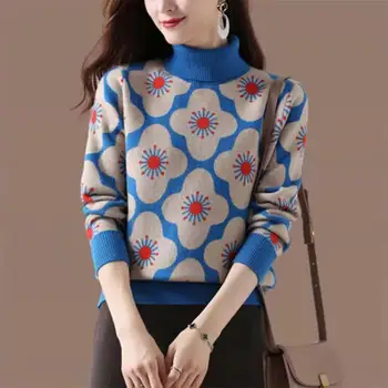 Модни Корея Блуза с Висока Воротом И Принтом, Дамски Дрехи, Есен 2022, Нови Гъвкави Дневни Пуловери, Свободна топла Риза