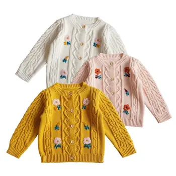 2022 Нов Детски пуловер, ретро пуловер памук Cadigan с цветен печат за малки момичета, с бродерии, от 2 до 6 години, Детска есен Облекло