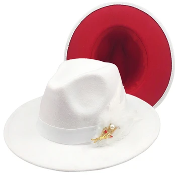 луксозен бял червен мозайка чувствах, джаз шапка шапка на Мъже, Жени плоски ръбове вълнена шапка с Бяло Перо шапка Fedora Панама шапка Реколта шапка
