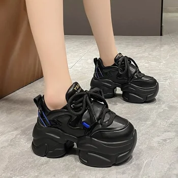 Нови дамски Масивни Кожени маратонки дантела, 8 см, Спортни обувки Ulzzang на платформата, Есенна Дишаща Ежедневни обувки за баща на дебела подметка