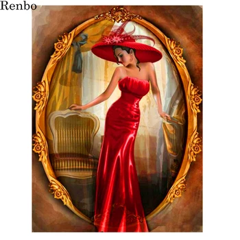 5d диамантена живопис голяма червена шапка красота момиче кръст бод сам диамантена бродерия Модни дамски пълна Тренировка Квадратна диамантена мозайка