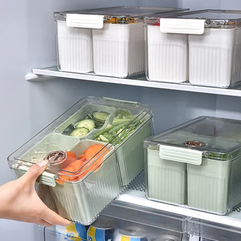 Пластмасова Кутия За Съхранение в Хладилника с Капак и 4 Отделения, Контейнер за Зеленчуци и Плодове, Кухненски Органайзер за Охлаждане на Шкафа