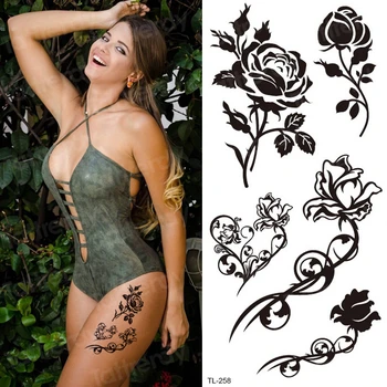 временна татуировка стикер цвете на черна роза етикети бикини водоустойчив временни татуировки момичета боди-арт фалшива татуировка на крака шията ръка